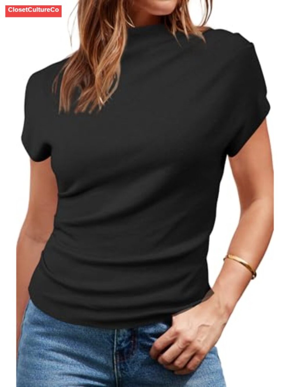 Women's Ruched Mock Neck Cap Sleeve Slim Fit Blouse Top